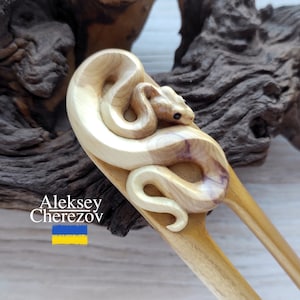 Snake. Wooden hair fork. Hair stick . Carved hair chopsticks. Hairpins, Hair jewelry, accessories for long hair. Zodiac Snake Year