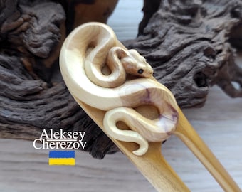 Serpiente. Horquilla de madera para el pelo. Palillos para el pelo. Palillos para el pelo tallados. Horquillas, Joyas para el pelo, Accesorios para cabello largo. Año de la Serpiente del Zodíaco