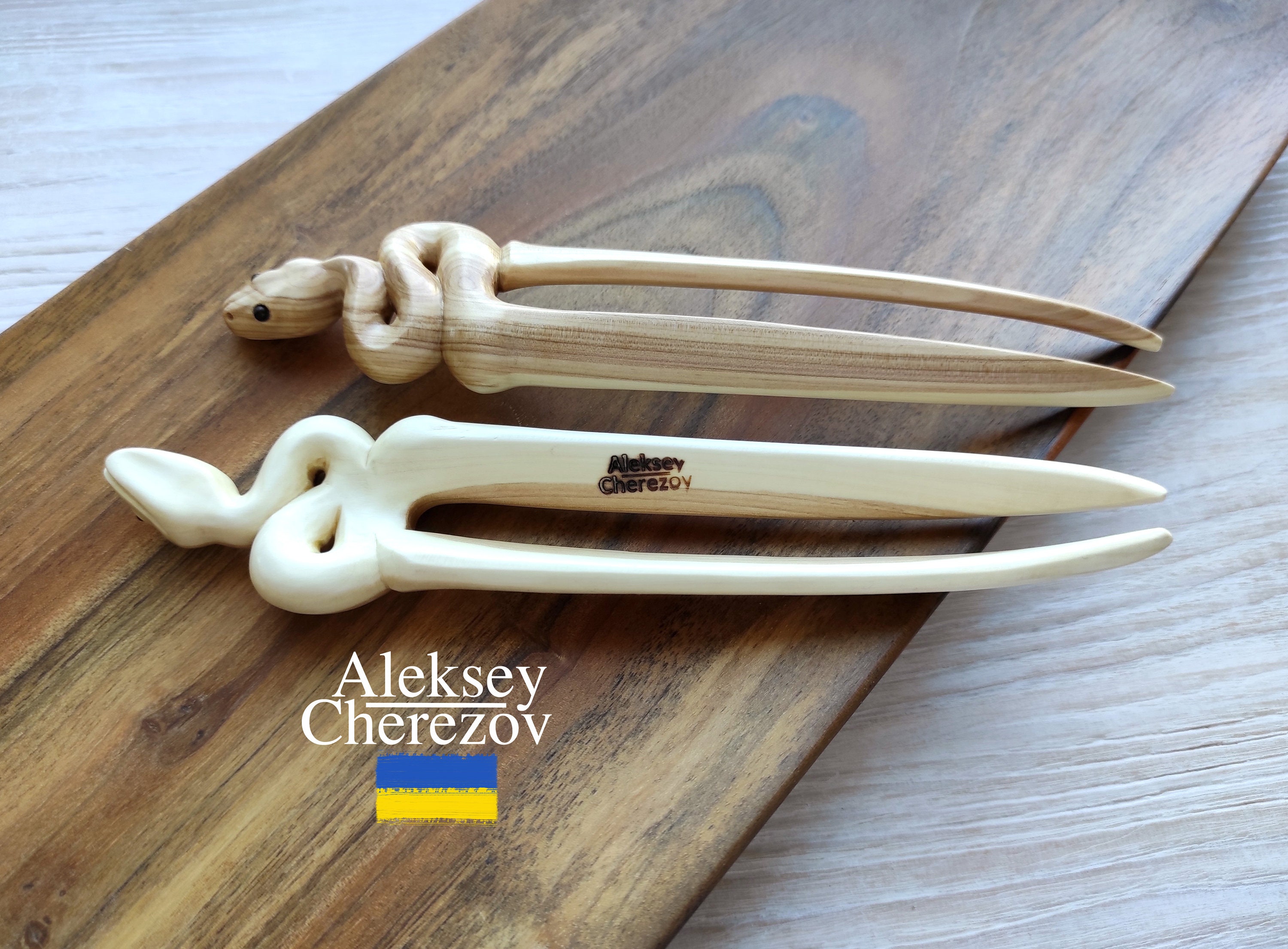 Natural Lilac & Boxwood Wooden Hair Fork, Carved Snake Stick for Long ...