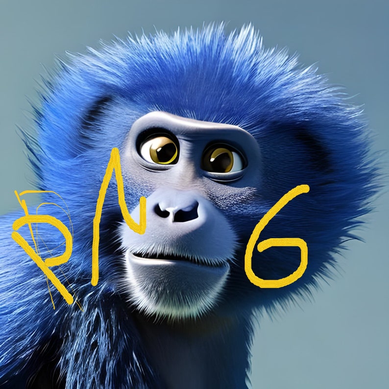 May include: A blue monkey with a furry face and large brown eyes. The monkey is looking to the right and has a yellow inscription on its face that says "RING".