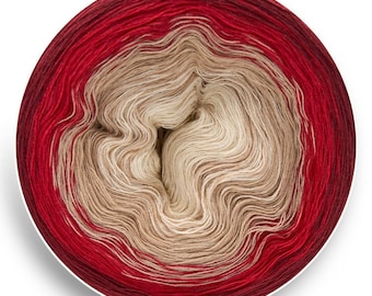 May include: A ball of yarn with a gradient of red and beige colours. The yarn is wound into a ball shape and is ready to be used for knitting or crocheting.