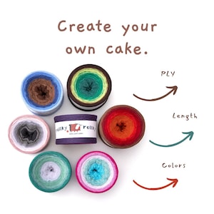 May include: Six round yarn cakes in various gradient colourways, including blue-brown, green-brown, grey-pink, red-orange, green-white, and pink-blue. A central purple label reads rollky. Text includes Create your own cake, PLY, Length, and Colours.