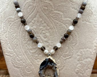 Balance & Harmonize adjustable necklace | healing gemstone necklace for balance | sliding knot necklace | oco agate pendant and quartz point