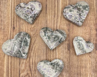 Peace Jade hearts | serpentine, stichtite, & white quartz hearts | heart palm stone | purple and green heart crystal carving | unique gift