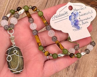 Manifest a Successful & Abundant Path adjustable Moldavite Necklace  | moldavite labradorite pendant | Adjustable Necklace for manifestation
