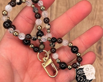 Cat Yin Yang Crystal and Gemstone Cell Phone Wristlet & adapter for cell phone case | crystal wristlet for cell phone | gemstone wristlet