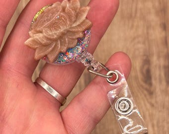 Sunstone Lotus Badge Reel | badge holder | protection crystals for work | lotus jewelry | gemstone id reel | gemstone lotus badge reel