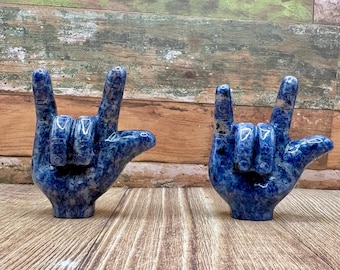 Handcarved Sodalite Love You hand sign crystal sign language for I love you gift | unique crystal gift that says I love you ASL love