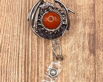 Dragon Gemstone Badge Reel | dragon ID REEL | unique clip on ID reel | crystals for protection from negative people | crystals for work