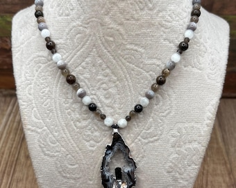 Divinely Protected adjustable necklace, healing gemstone necklace for protection, sliding knot necklace, oco agate pendant and  tourmaline