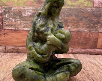 Serpentine Jade Mother crystal carving | unique mom and baby crystal carving | crystals for moms | new mom crystals | heart chakra crystals