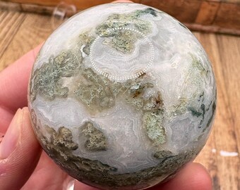 Druzy Moss Agate Sphere | unique lace agate moss agate sphere | scenic moss agate crystal carving