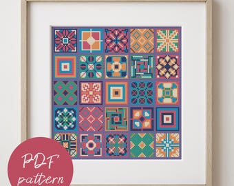 Retro patchwork tiles full coverage cross stitch sampler pattern PDF digital download