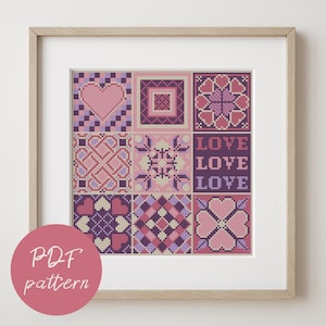 Valentine’s Day cross stitch pattern: Patchwork tiles in pink and purple full coverage PDF digital download -