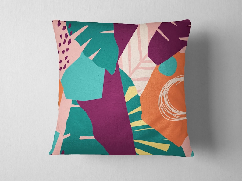 Contemporary Exotic Floral Hawaiian Jungle Pattern Abstract Faux Suede Pillow Colorful Square Art Cushion Modern Decorative