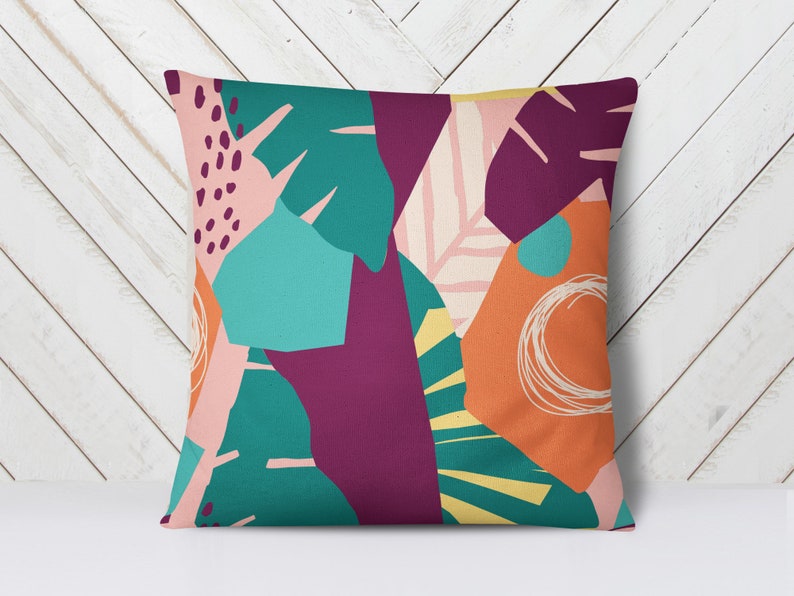Contemporary Exotic Floral Hawaiian Jungle Pattern Abstract Faux Suede Pillow Colorful Square Art Cushion Modern Decorative