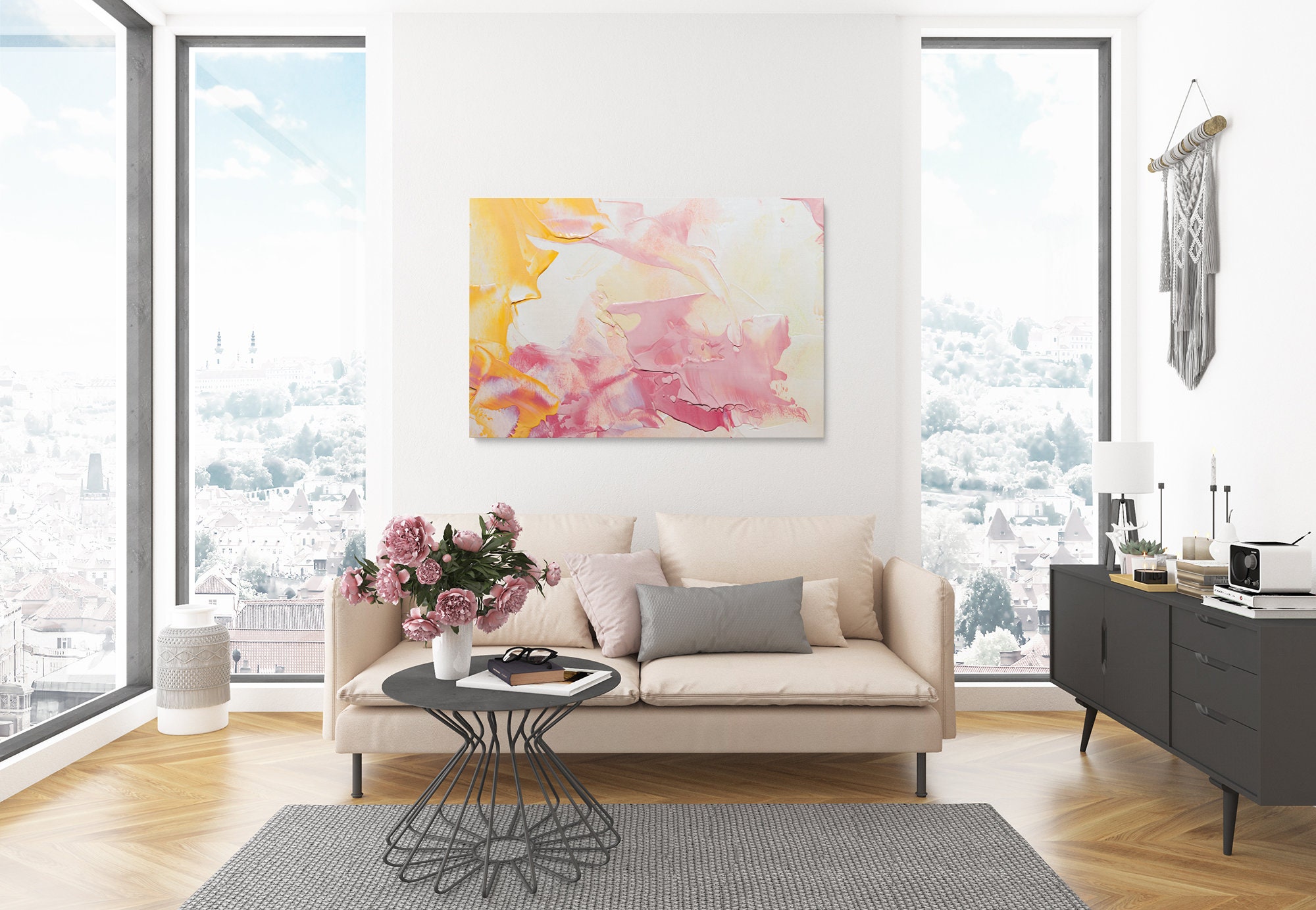 Abstract Pink & Yellow Modern Canvas Print Contemporary Wall Etsy UK