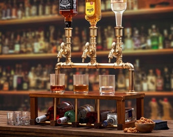 May include: A gold metal liquor dispenser with three spouts and a wooden shelf. The dispenser has three bottles of liquor attached to it, including Jack Daniels, Patron, and Tito's Vodka. The shelf has six bottles of liquor on it.
