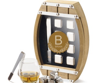Unique Whiskey Stone Gift Set - Cooling Stones with Rustic Wooden Barrel Display - Perfect Connoisseur's Birthday Gift