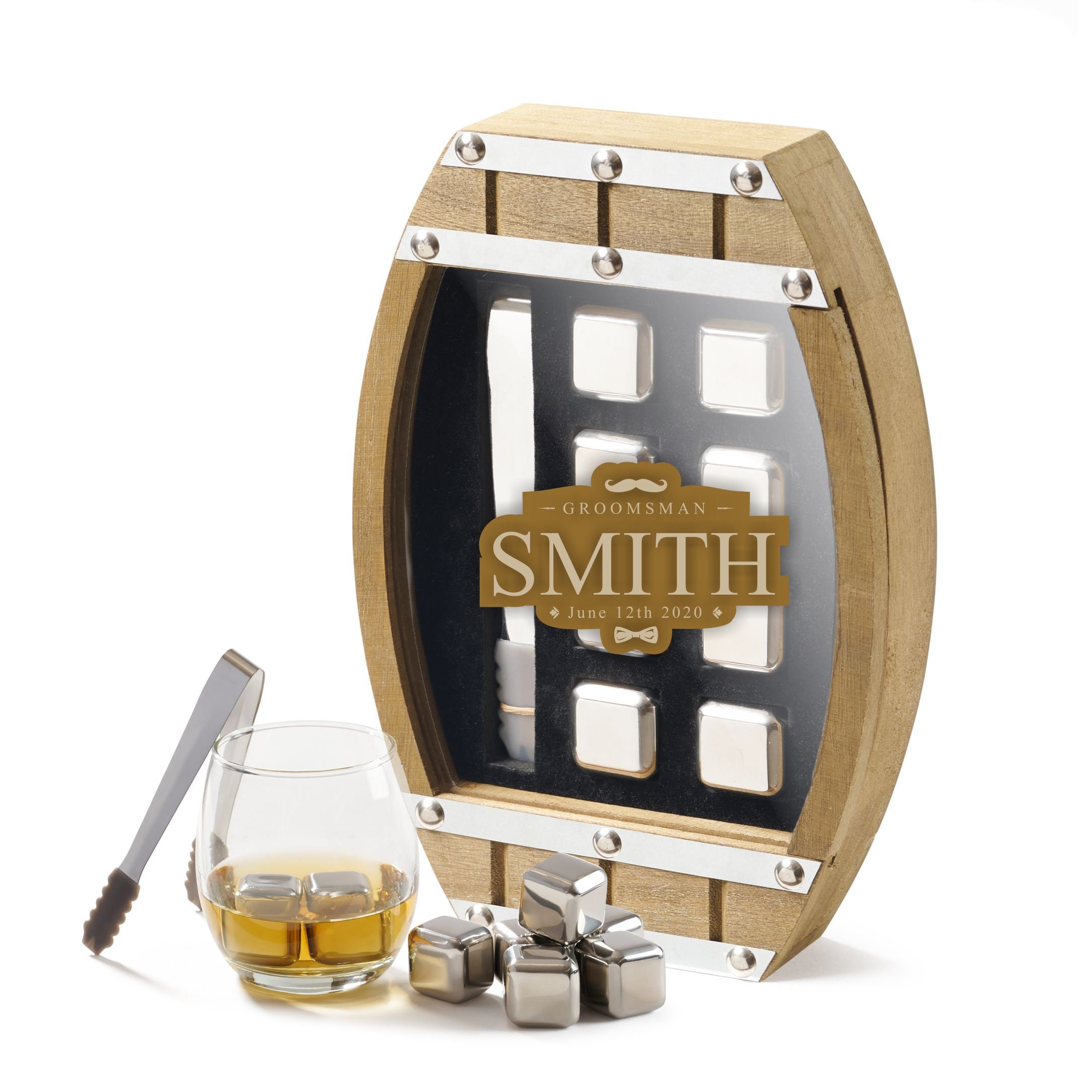 GROOMSMAN Custom Engraved Ice Cubes Set - Chilling Stones with Wooden Barrel Box, Perfect Personalized Wedding Party Gift