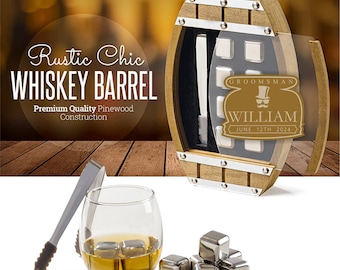 Groomsman Engraved Ice Cube Set - Whiskey Chilling Stones in Wooden Barrel, Perfect Wedding Party Gift"