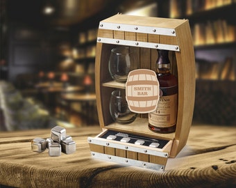 Custom Wall Barrel for Wine/Whiskey - Engraved Bar Gift with Built-in Shelf and Whiskey Stones, Perfect for Home Bar Enhancement