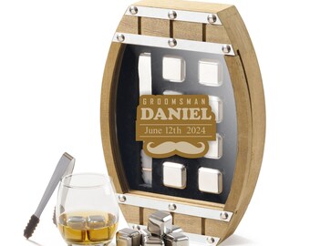 Engraved GROOMSMAN Ice Cube Set in Wooden Barrel - Custom Chilling Stones for Whiskey Lovers, Ideal Wedding Party Gift
