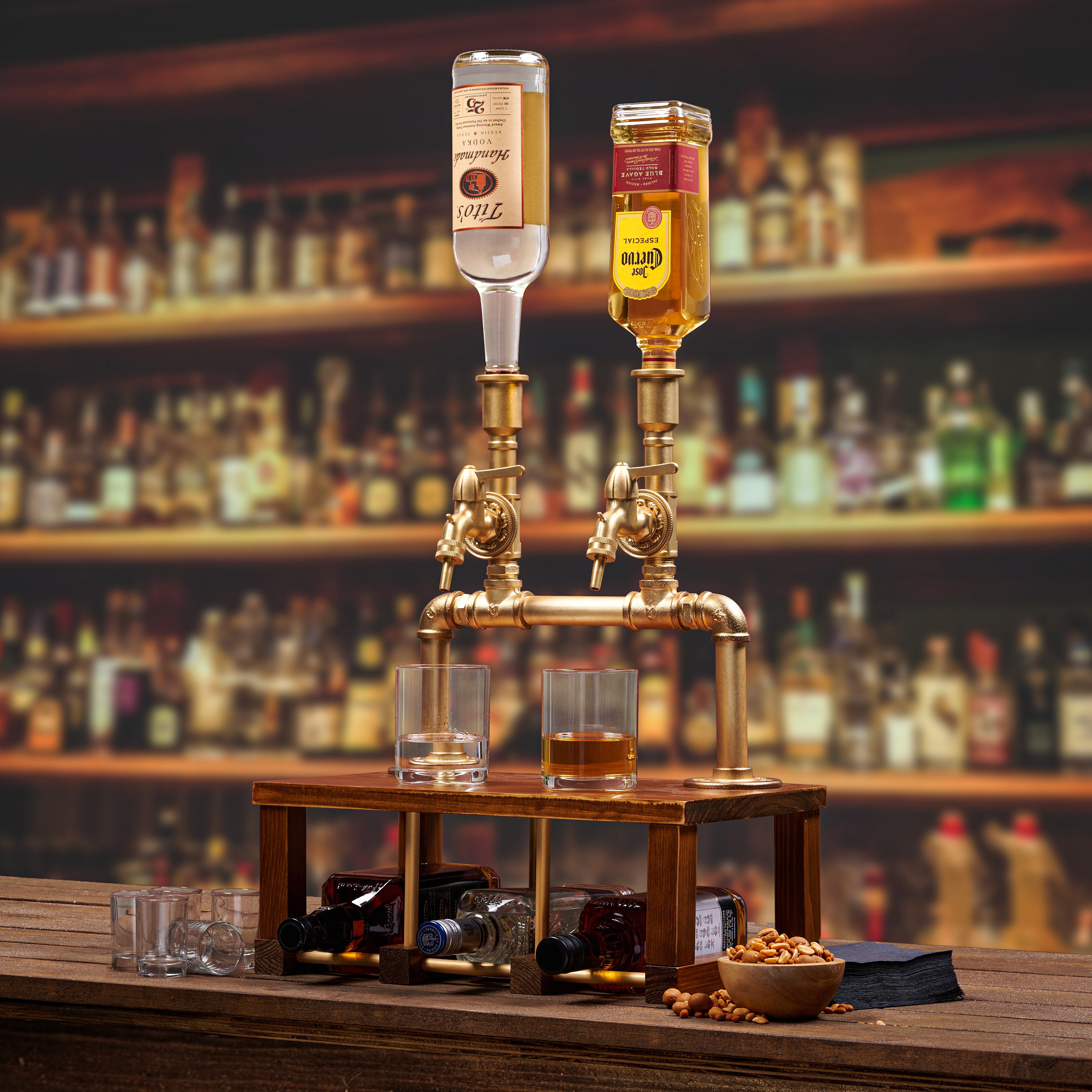 Liquor Dispenser for Three Bottles Wine Bourbon Whiskey Gifts Birthday  Party Christmas Housewarming Decor Industrial Home Bar Stand 