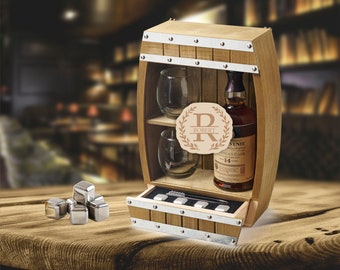 Personalized Barrel Wine Rack & Whiskey Holder - Wall-Mounted Bar Gift with Shelf and Stones, Ideal for Connoisseurs