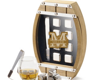 Monogrammed Ice Cube Stones - Sophisticated Drink Chillers in Artisan Wooden Barrel Case, Perfect Gift for Groomsmen & Special Occasions