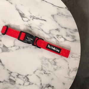 May include: A red dog collar with a black buckle and fittings. The collar has a speckled pattern and a label that reads "The Crafty Dog". The collar is designed for pets.