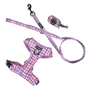 The Crafty Dog Co - Bubblegum Plaid Verstellbarer Harness Leine Set Bundle Poop Beutelhalter Blei Abenteuer Pink Lila Lila Girly Süß Sommer