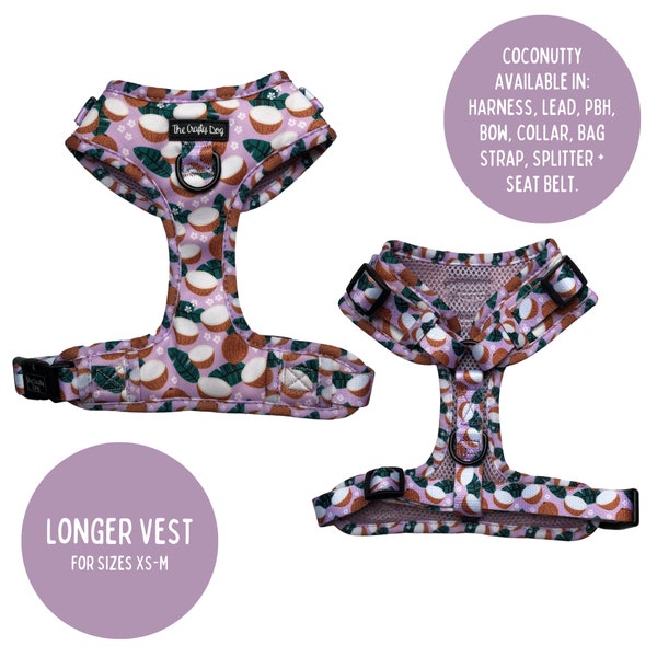 The Crafty Dog Co - Coconutty Adjustable Vest Harness Summer Lilac Coconuts Tropical Leaves Dogs Puppy