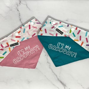 The Crafty Dog Co - Barkday Birthday Bandana Pink Blue Confetti Cake Present Dog Happy Birthday Pastel Adventures Puppy Pun Cute Girl Boys