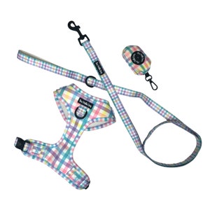 The Crafty Dog Co - Picknick Plaid Verstellbare Harness Leine Set Set Set Poop Bag Holder Lead Adventure Hunde Pink Blau Lila Grün
