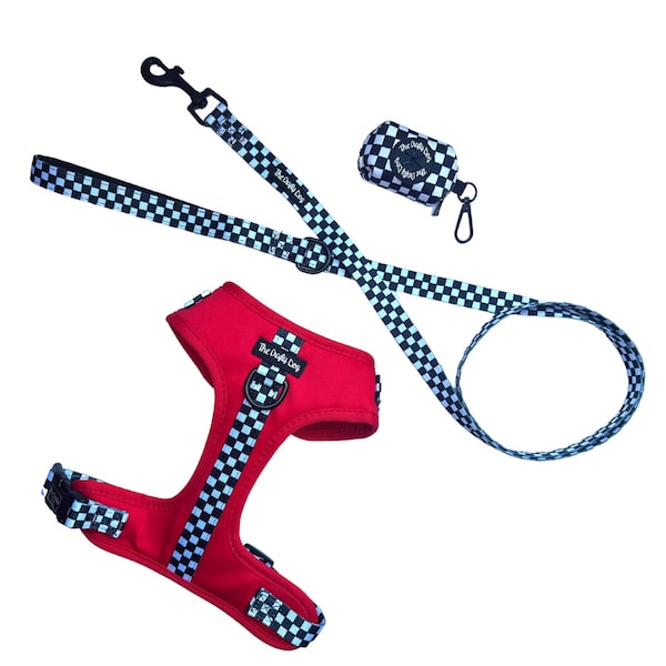 The Crafty Dog Co - FURrari PAWmula 1 Adjustable Harness Leash Set Bundle Poop Bag Lead Adventure Red Checkered Formula 1 F1 McLaren