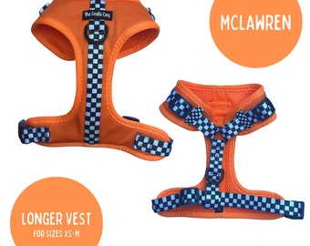 The Crafty Dog Co - MCLAWren PAWmula 1 Adjustable Vest Harness - Orange Black White Checkered Race Car Dogs Puppy Formula 1 F1 McLaren