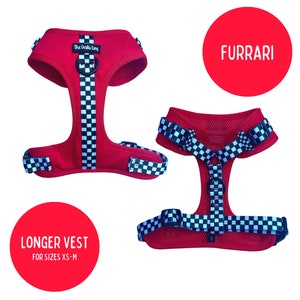 May include: Red dog harness with a black and white chequered pattern. The harness has the text "The Dogly Dog" on the top and "FURRARI" on a red circle. The text "LONGER VEST FOR SIZES XS-M" is on a red circle.