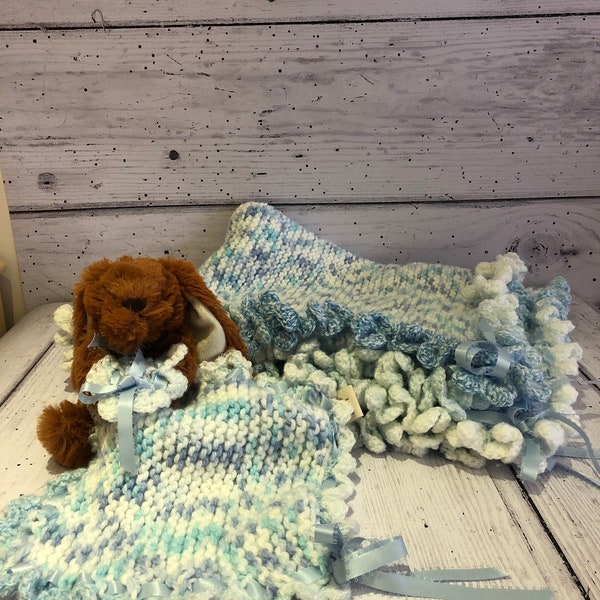 Baby reborn dolls knitted large blanket crocheted edge and matching comforter lovie bunny