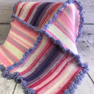 Baby reborn dolls crocheted and knitted  blanket lilac edge, pink, purple,  white pastels