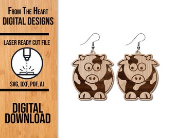 Cute Cow Earrings SVG, Chubby Cow Earrings SVG, Glowforge Laser SVG, Laser Cut File, Laser Earring File, Glowforge Earrings, Cow Laser File