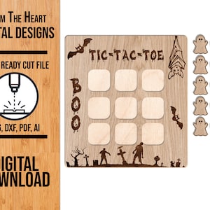 Halloween Tic Tac Toe SVG Laser Cut File, Glowforge SVG, Spooky Tic Tac Toe Game, Laser SVG, Kids Game Laser File, Zombie Bats Tic Tac Toe