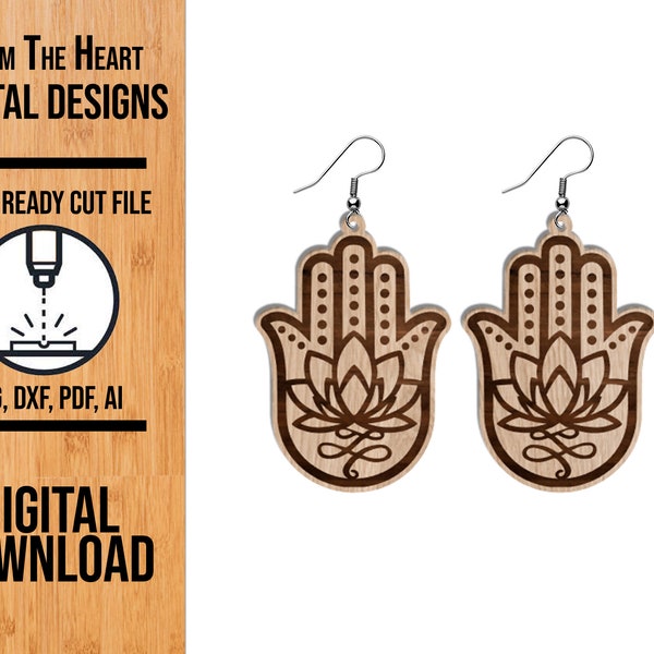 Hamsa Hand Lotus Earring Laser Cut SVG File, Glowforge Earring Cut File