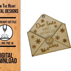 Adorno de carta a Papá Noel SVG, carta SVG, carta de Papá Noel cortada con láser SVG, sobre de Papá Noel Svg, mensaje a Papá Noel, lista de Navidad Svg, Glowforge