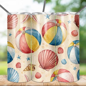 Summer Beach Theme Tumbler Wrap, 20oz Sublimation Cup, Beach Ball and Shells Print, Nautical Drinkware, Coastal Vibes, Tumbler Decor