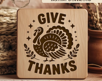 Thanksgiving Turkey svg File For Laser Engraving, Give Thanks Design, Fall Decor svg, Laser Cut Files, Autumn svg, Holiday svg