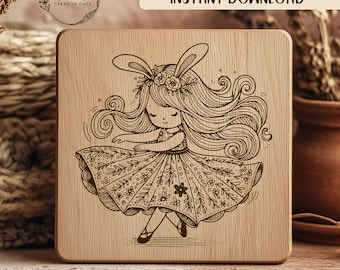 Dancing Bunny Girl SVG Laser Engraving File, Cute Floral Dress, Ballerina Shoes, Easter Bunny Ears, Girl With Long Hair, Flower Crown
