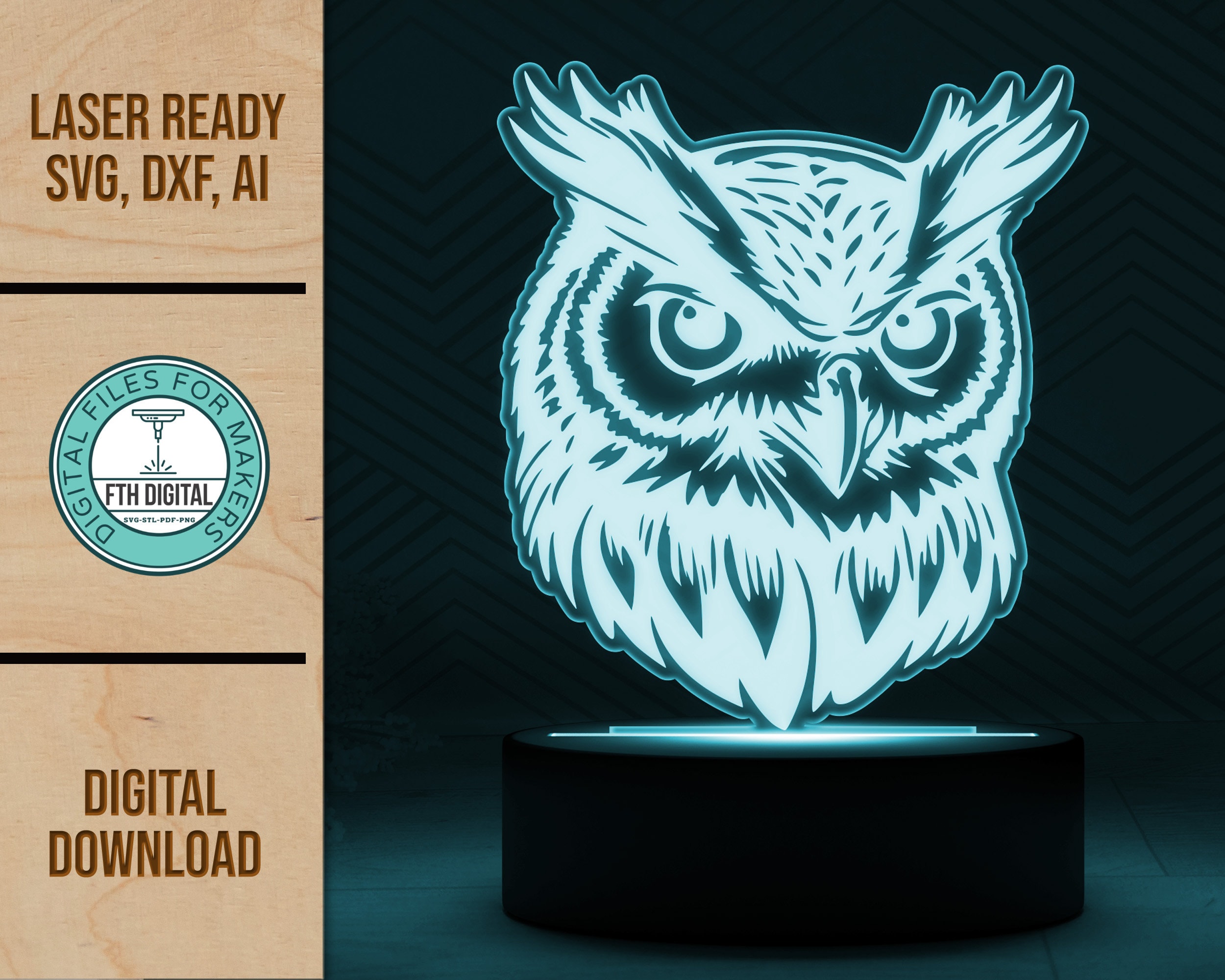 Owl Head Edge Lit Acrylic Night Light SVG Laser Cut File, Glowforge Light File, Night Light SVG, Owl