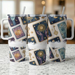 Sun and Moon Tarot 40oz Tumbler, Mystical Tarot Sublimation Tumbler, Celestial Tarot Wrap, Unique Tarot Gift, Tarot Reader Tumbler