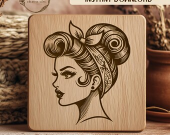 Pin Up Girl SVG Laser Engraving File, Retro Lady Silhouette Vector Cut File, Bandana Woman Cricut Design, Tattoo Inspired Engrave